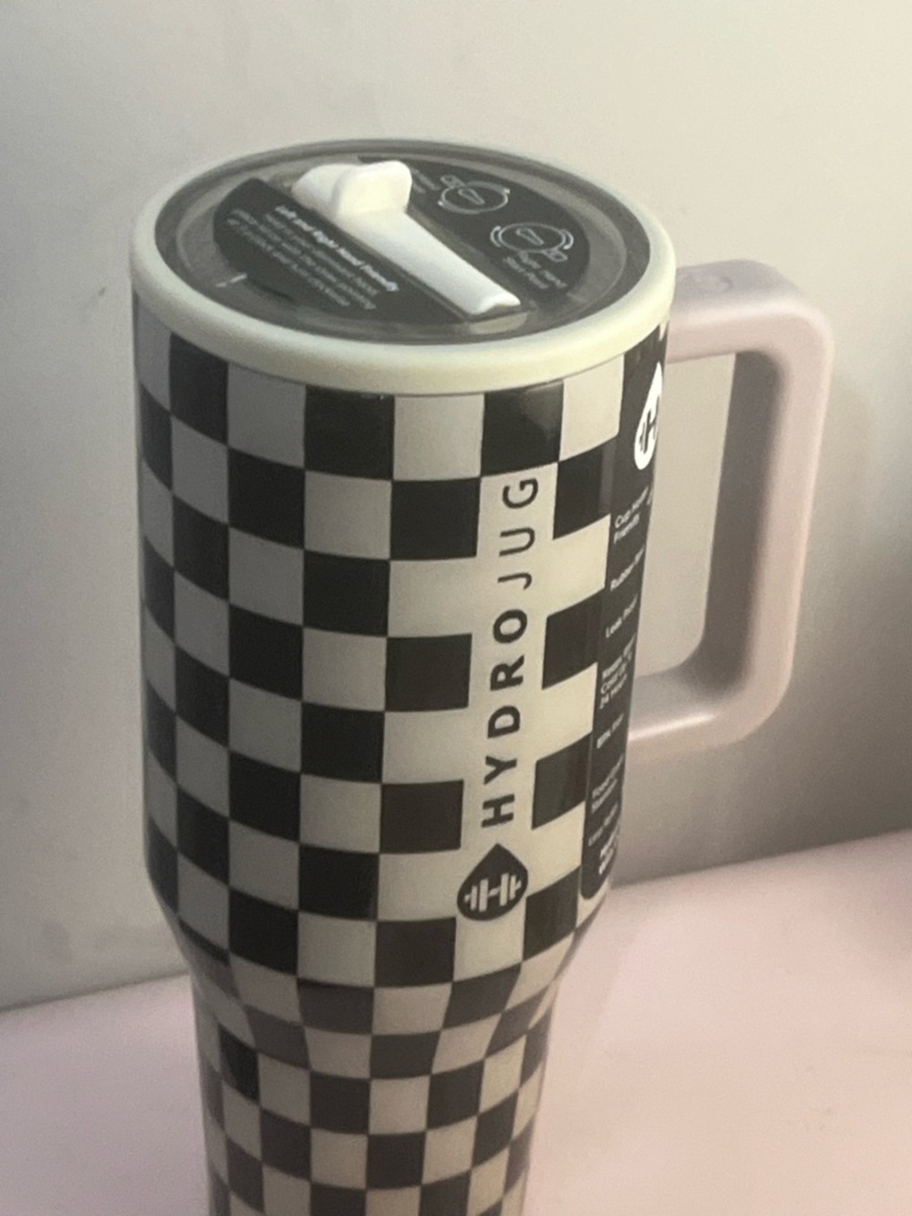 HydroJug Checkerboard Travel Tumbler - Black & White with Pale Pink Handle